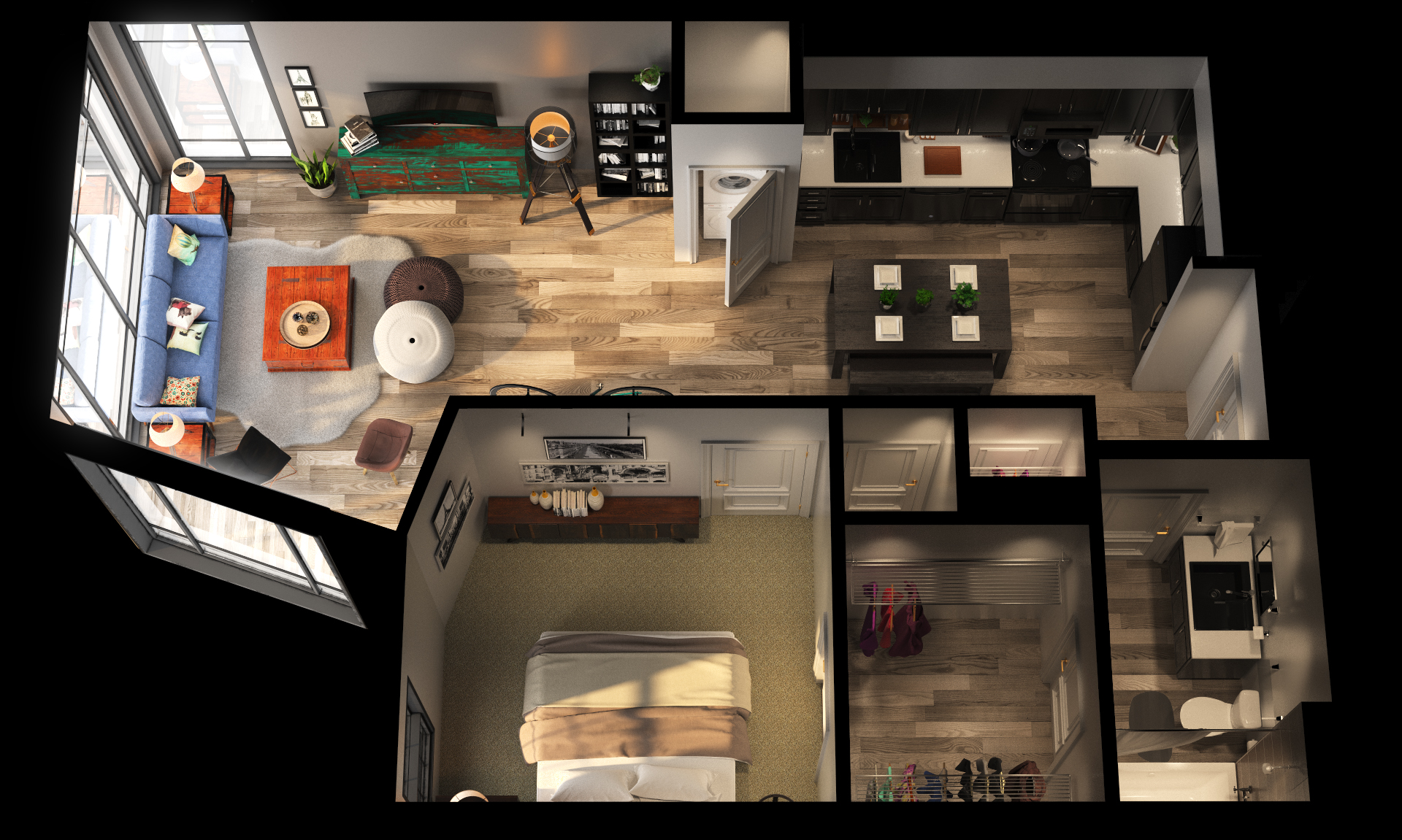 Floor plan for 1 bed, 1 bath, 773 sqft